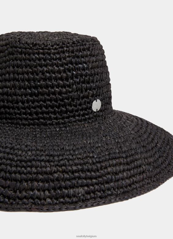 Seafolly femmes chapeau en raphia côtier accessoires noir P8B62780