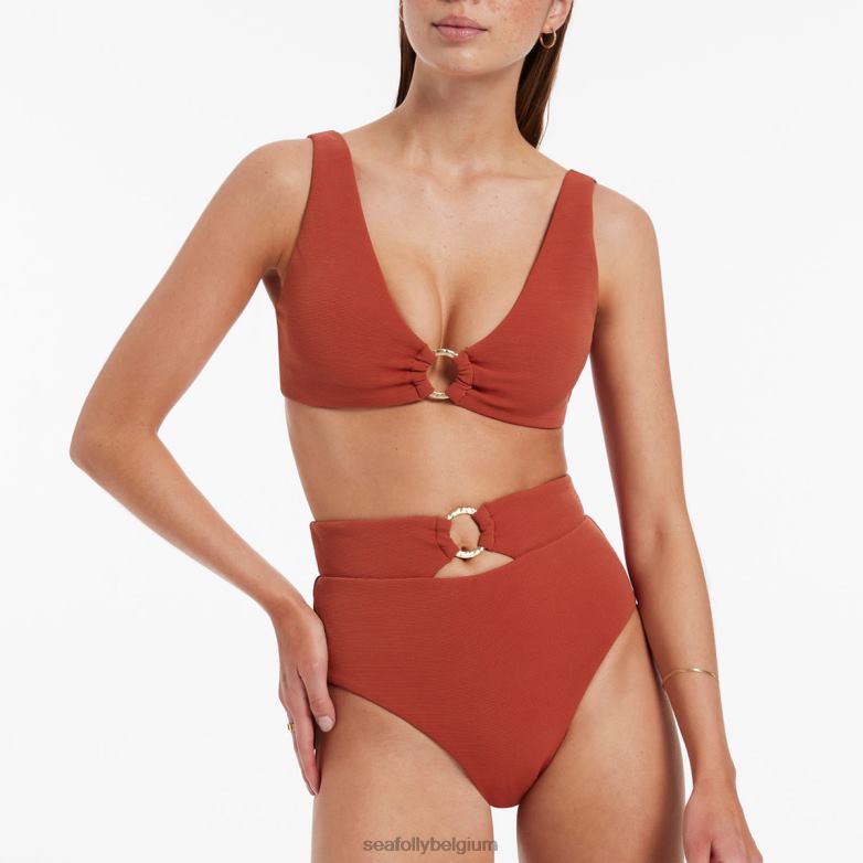 Seafolly femmes bas de bikini côtelé à taille haute Isla maillots de bain roux P8B62466