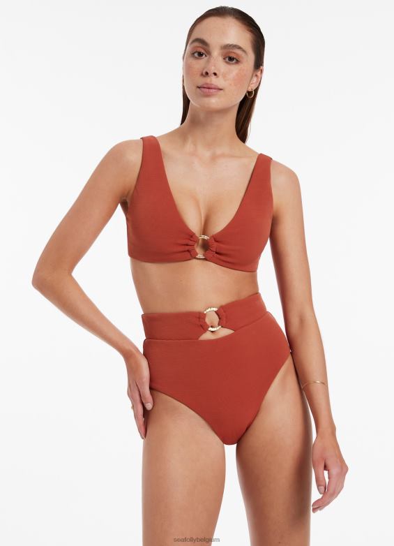 Seafolly femmes bas de bikini côtelé à taille haute Isla maillots de bain roux P8B62466