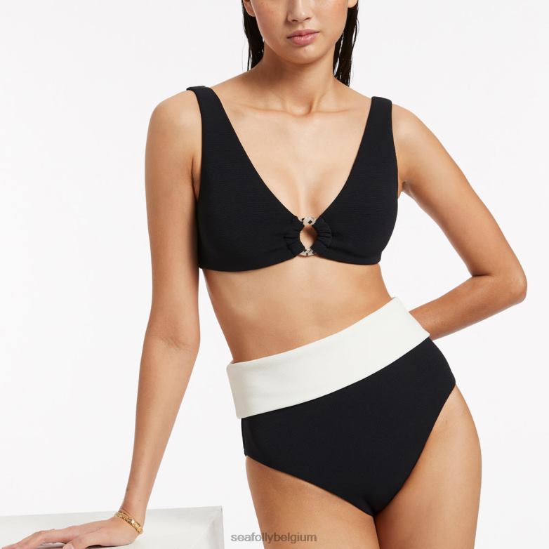 Seafolly femmes bas de bikini taille haute rabattable côtelé Versa maillots de bain noir/crème P8B62353