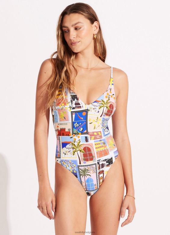 Seafolly femmes en vacances, une pièce à col en V maillots de bain Azur P8B62105