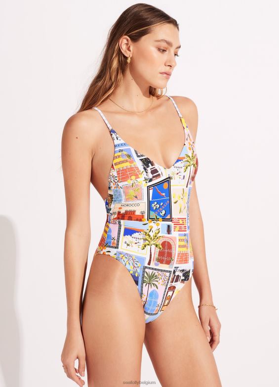 Seafolly femmes en vacances, une pièce à col en V maillots de bain Azur P8B62105