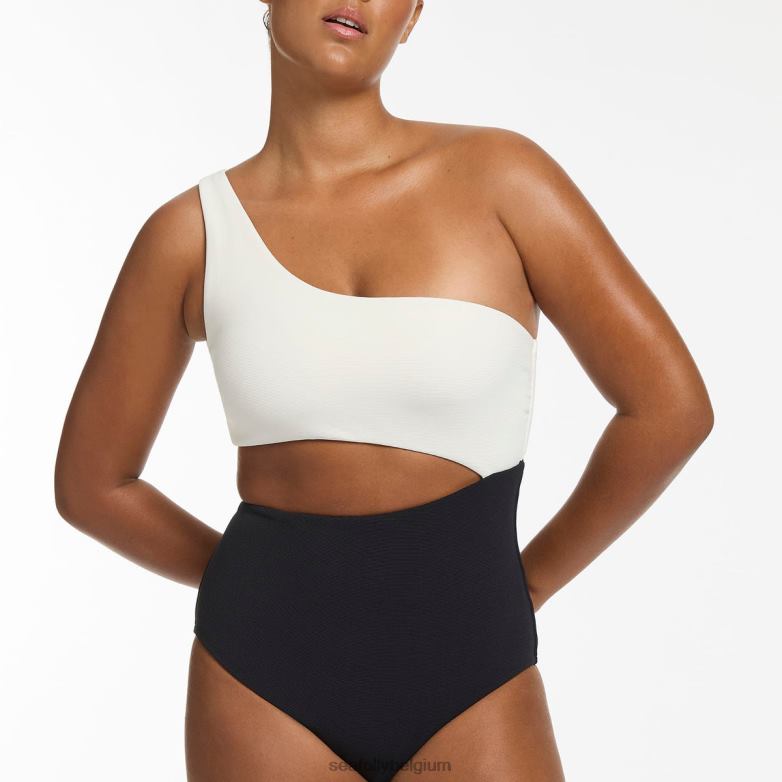 Seafolly femmes Versa côtelé une épaule une pièce maillots de bain noir/crème P8B6249