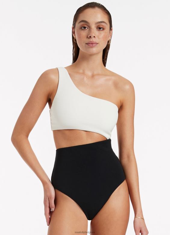 Seafolly femmes Versa côtelé une épaule une pièce maillots de bain noir/crème P8B6249