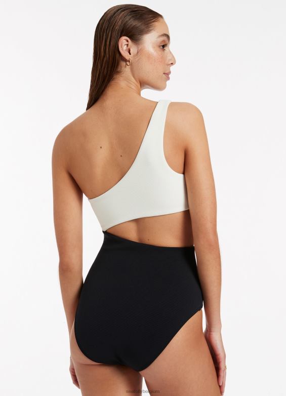 Seafolly femmes Versa côtelé une épaule une pièce maillots de bain noir/crème P8B6249