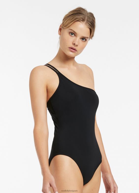 Seafolly femmes jetset double bretelle une épaule une pièce maillots de bain noir P8B62147