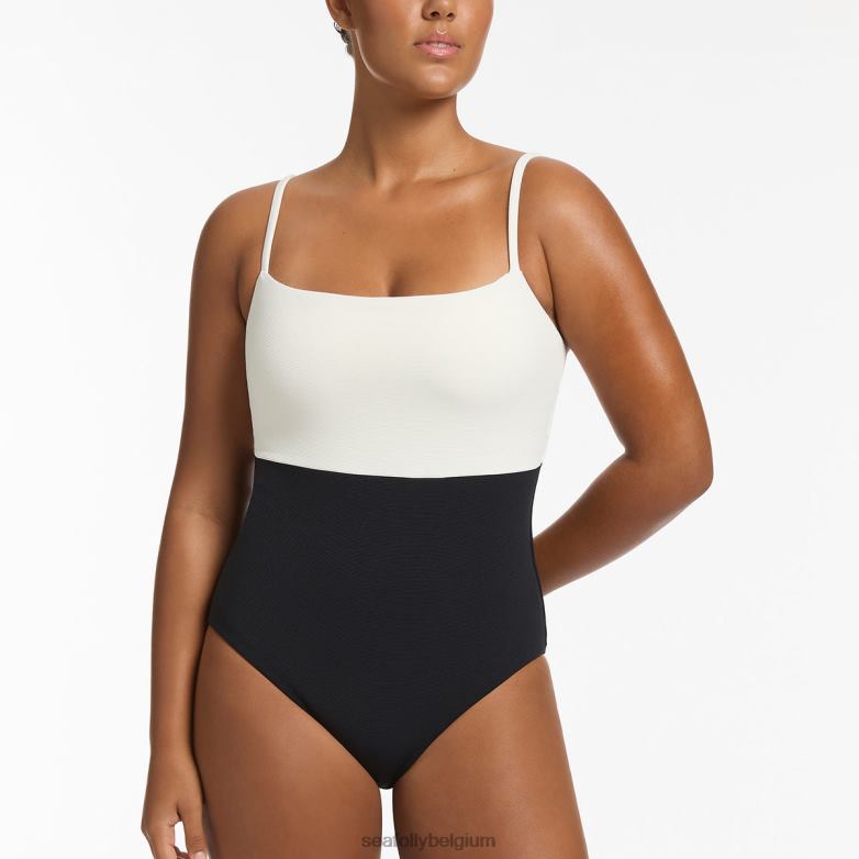 Seafolly femmes débardeur minimal côtelé versa une pièce maillots de bain noir/crème P8B6277